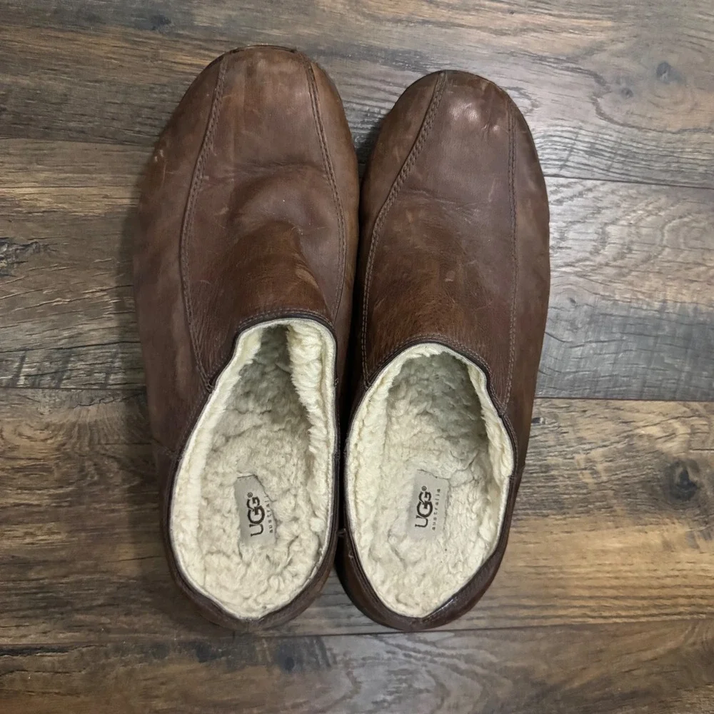 UGG Australia Brown Leather‎ Sheepskin Lined Slip On Mule Clogs Mens 15